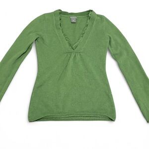 Ann Taylor XS Green Wool Angora Blend Sweater Deep V Feminine Babydoll Style